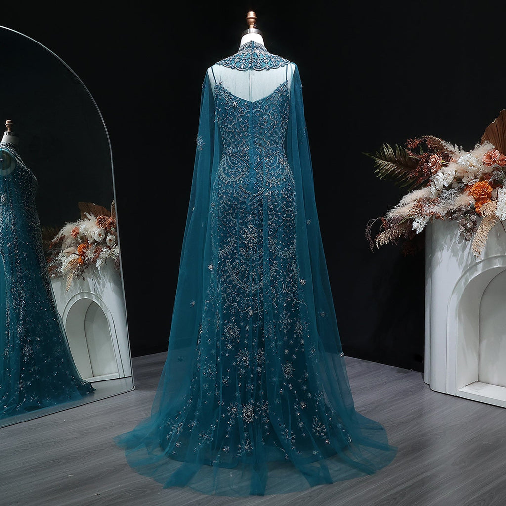 Luxury Teal Halter Neck Beaded Cape Mermaid Evening Dress SS028