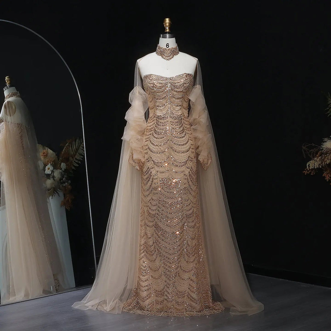 Luxury Beading Tassel Evening Dress with Cape Sleeves SS535