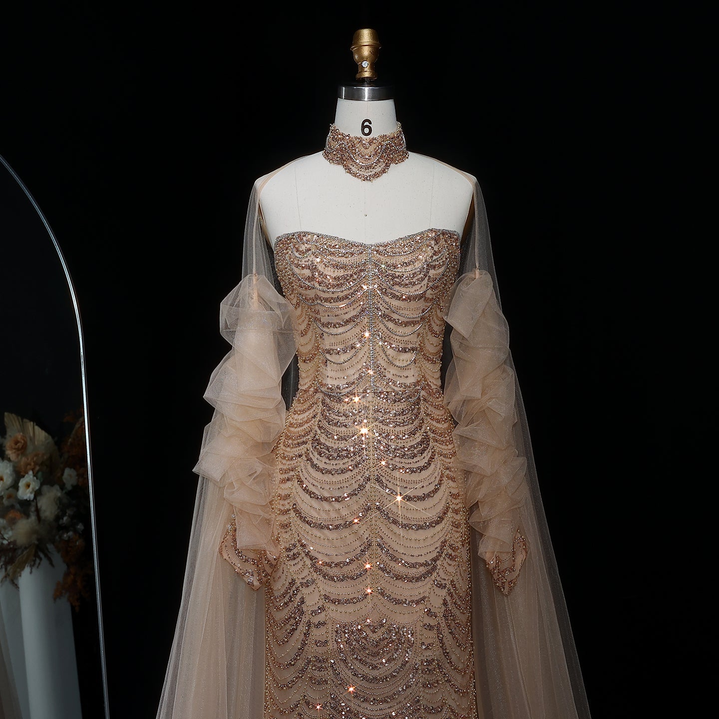 Luxury Beaded Champagne Evening Dress with Cape Sleeve SS535