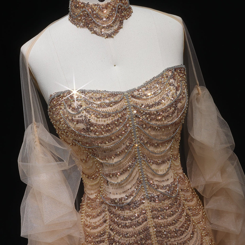 Luxury Beaded Champagne Evening Dress with Cape Sleeve SS535