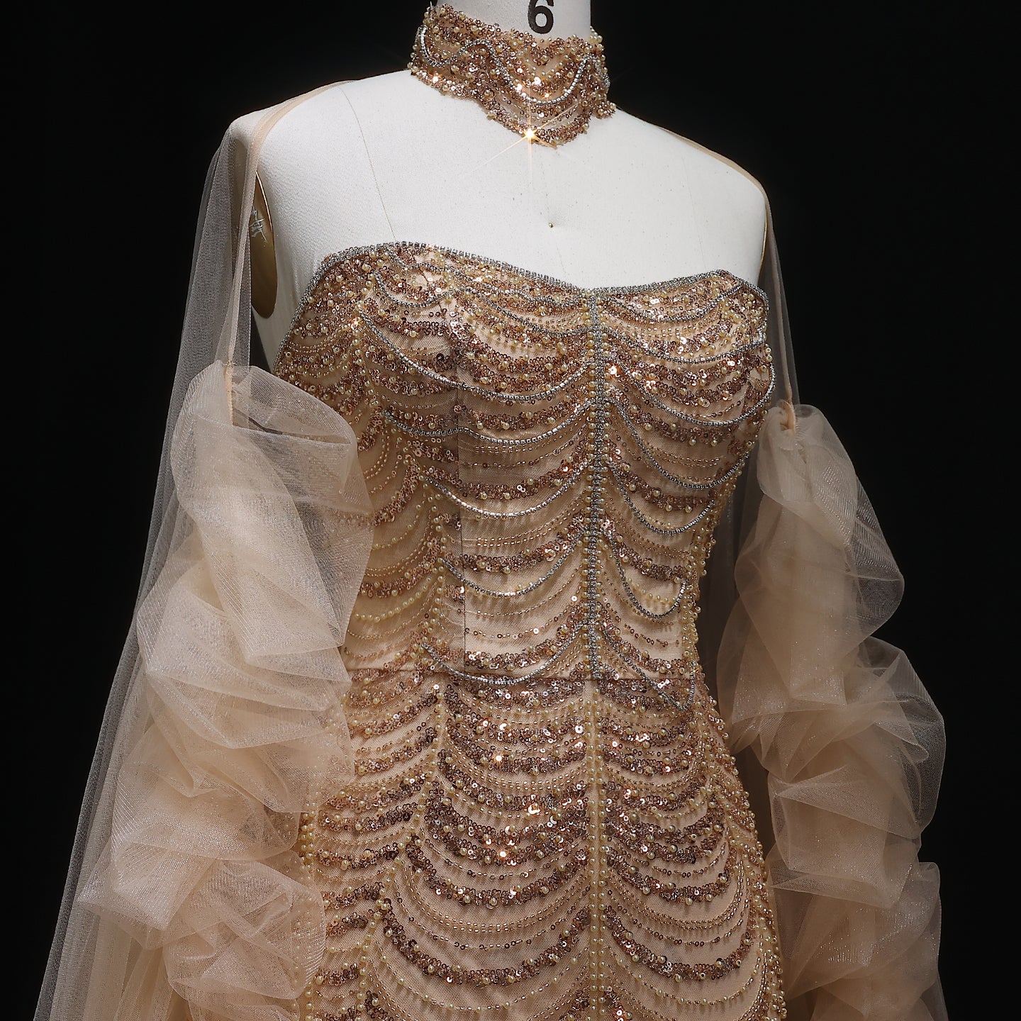 Luxury Beaded Champagne Evening Dress with Cape Sleeve SS535