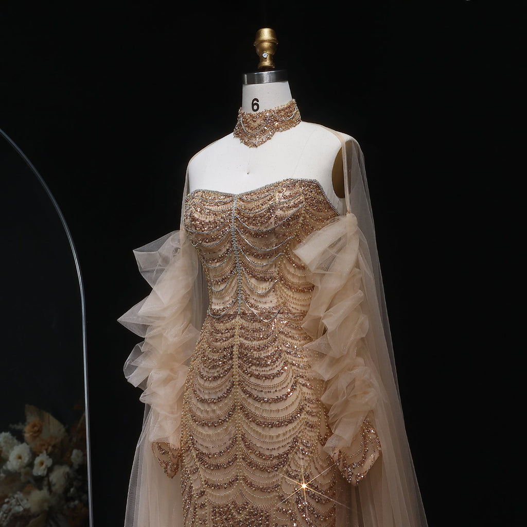 Luxury Beaded Champagne Evening Dress with Cape Sleeve SS535