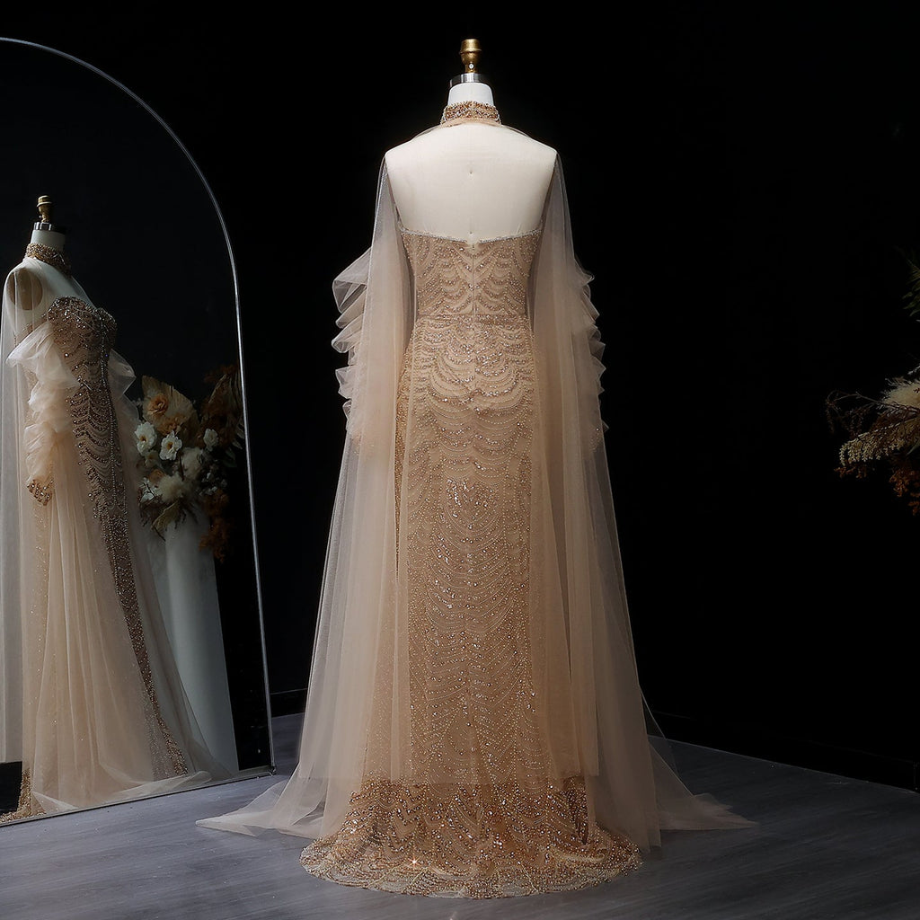 Luxury Beaded Champagne Evening Dress with Cape Sleeve SS535