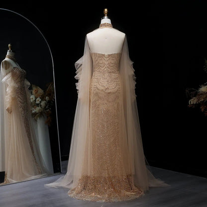 Luxury Beading Tassel Evening Dress with Cape Sleeves SS535