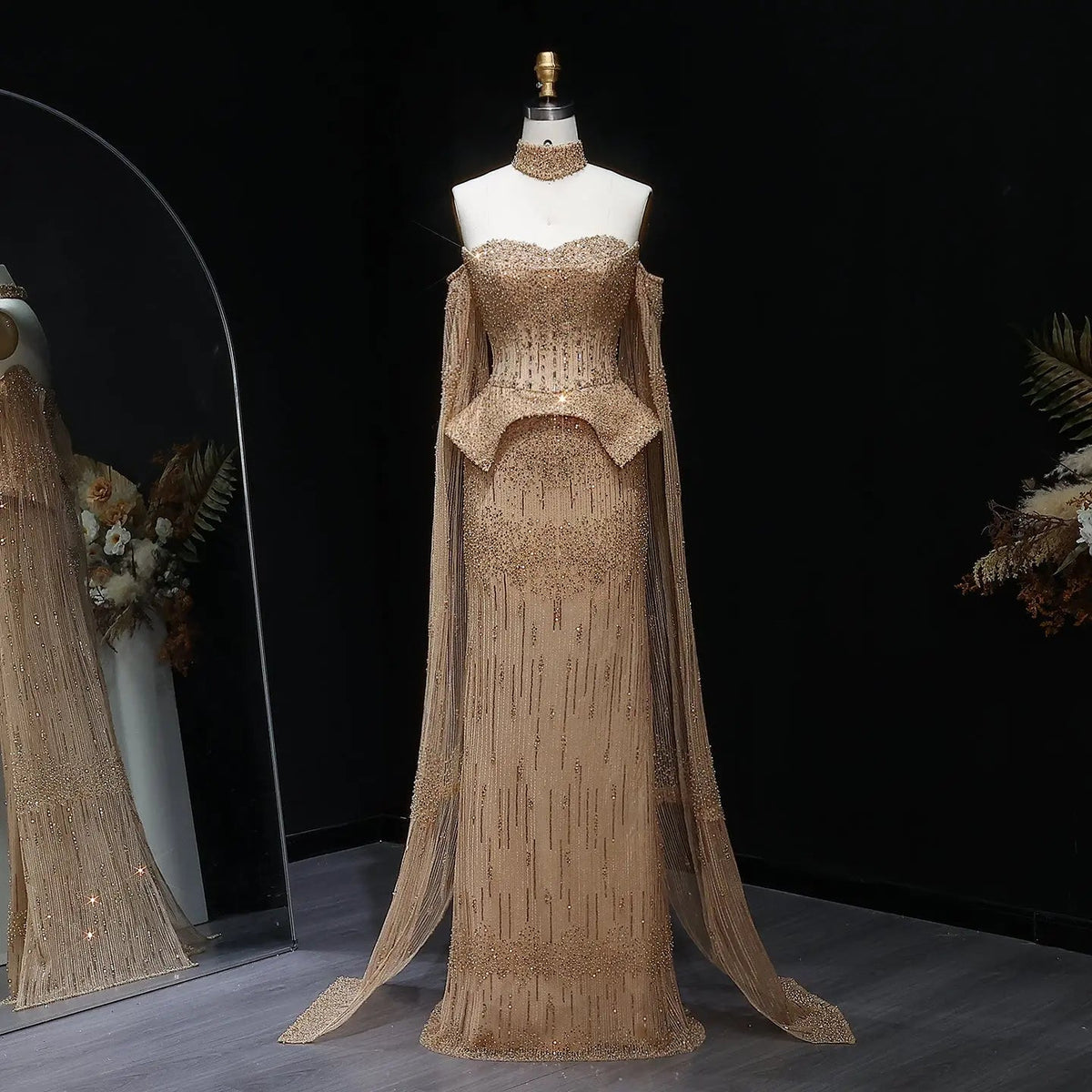 Stunning Gold Crystal Off Shoulder Evening Dress with Cape Sleeves SS558