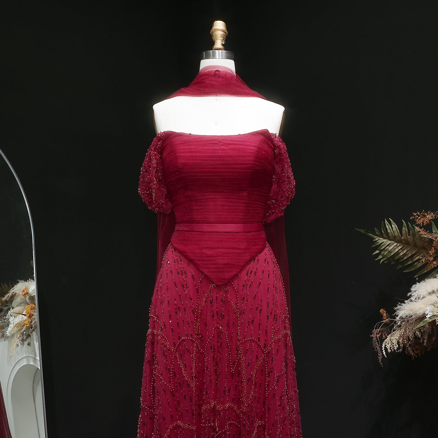 Romantic Beaded Pink Off Shoulder Evening Dress with Scarf SS766