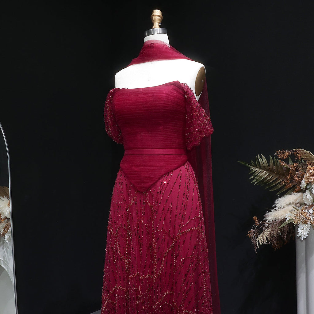Romantic Beaded Pink Off Shoulder Evening Dress with Scarf SS766