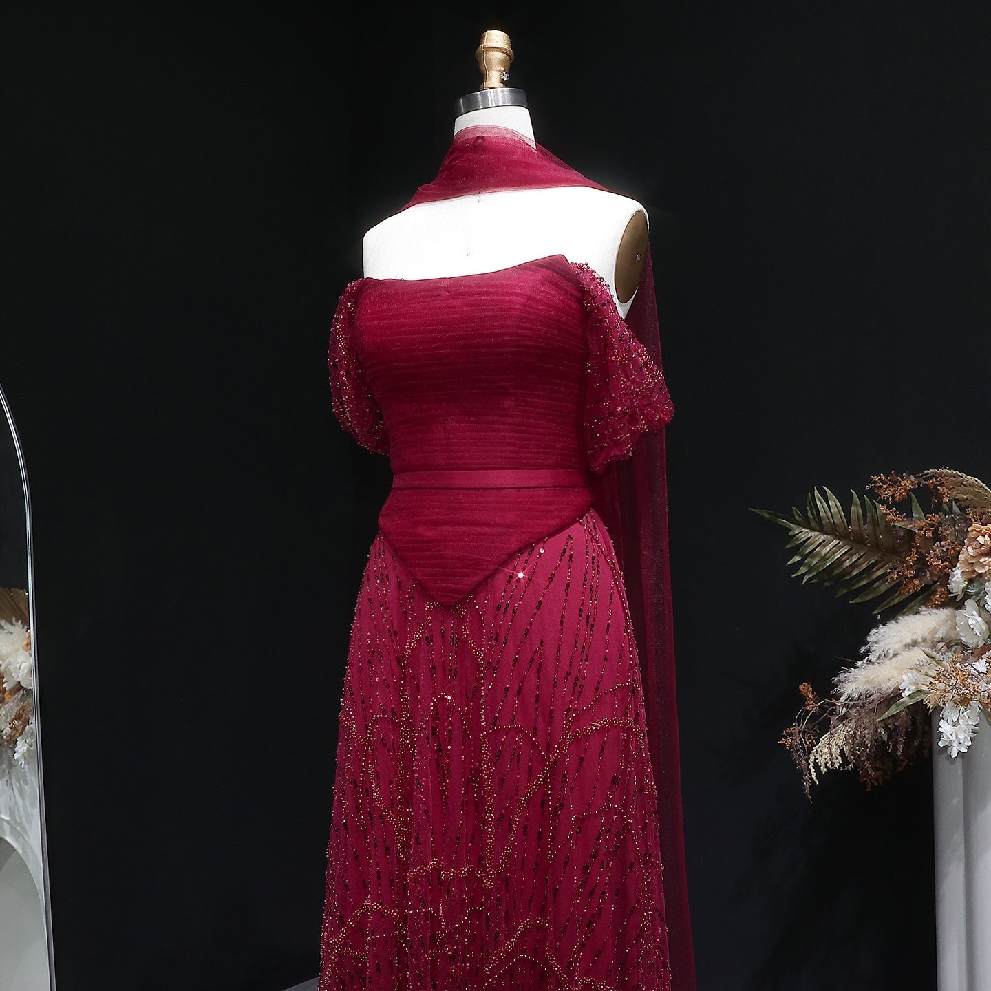 Romantic Beaded Pink Off Shoulder Evening Dress with Scarf SS766