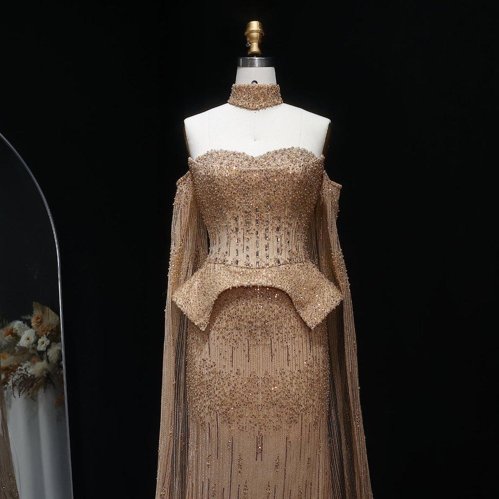 Stunning Crystal Evening Dress with Cape Sleeves SS558