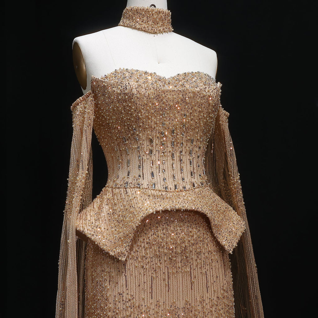 Stunning Crystal Evening Dress with Cape Sleeves SS558