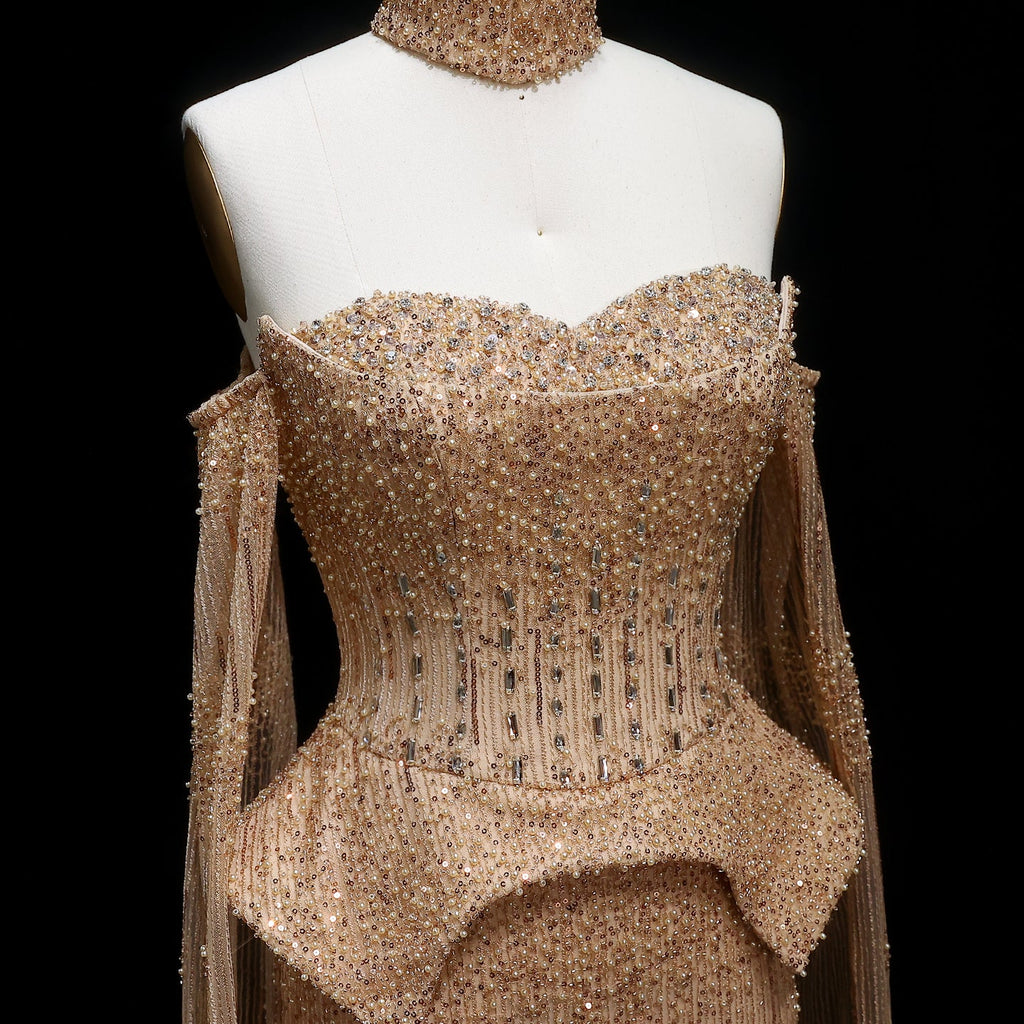Stunning Crystal Evening Dress with Cape Sleeves SS558