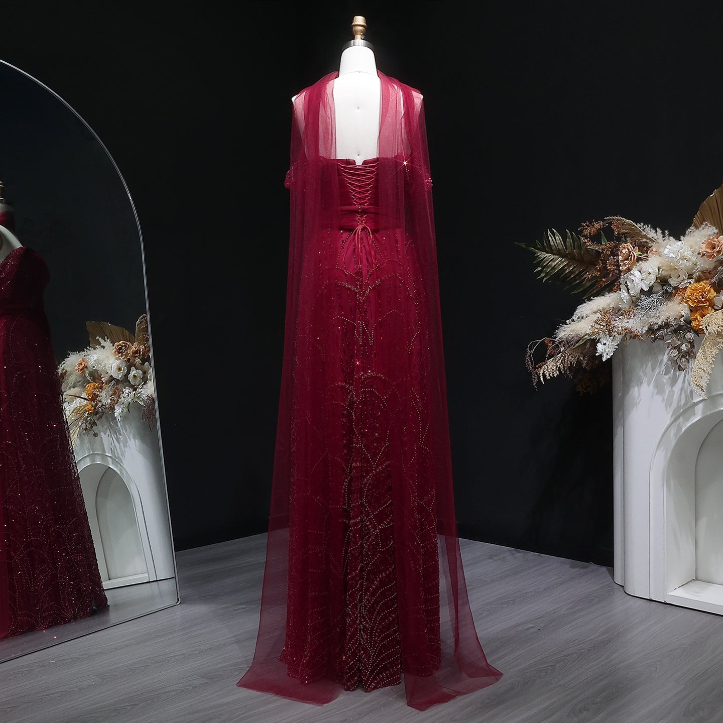 Romantic Beaded Pink Off Shoulder Evening Dress with Scarf SS766