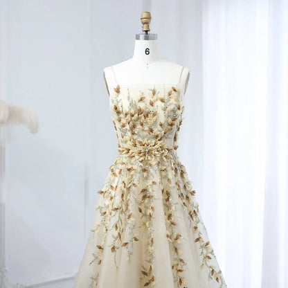 Luxury Beige Evening Dress with 3D Floral Embroidery SS362