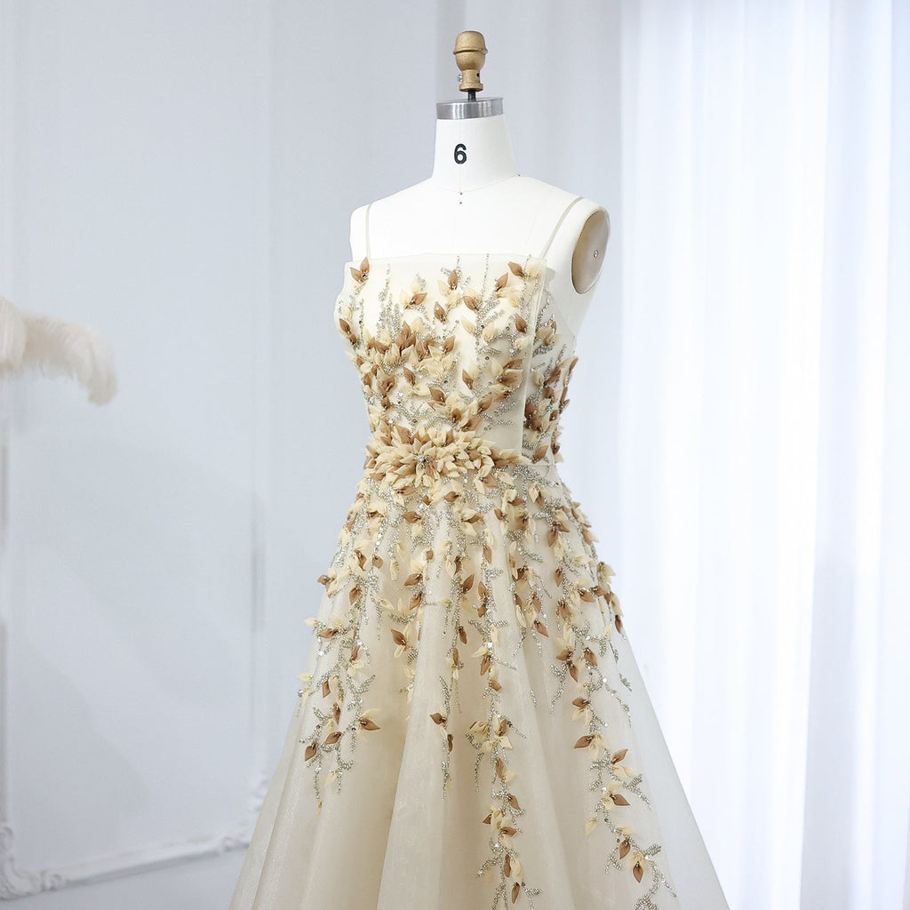 Luxury Beige Evening Dress with 3D Floral Embroidery SS362