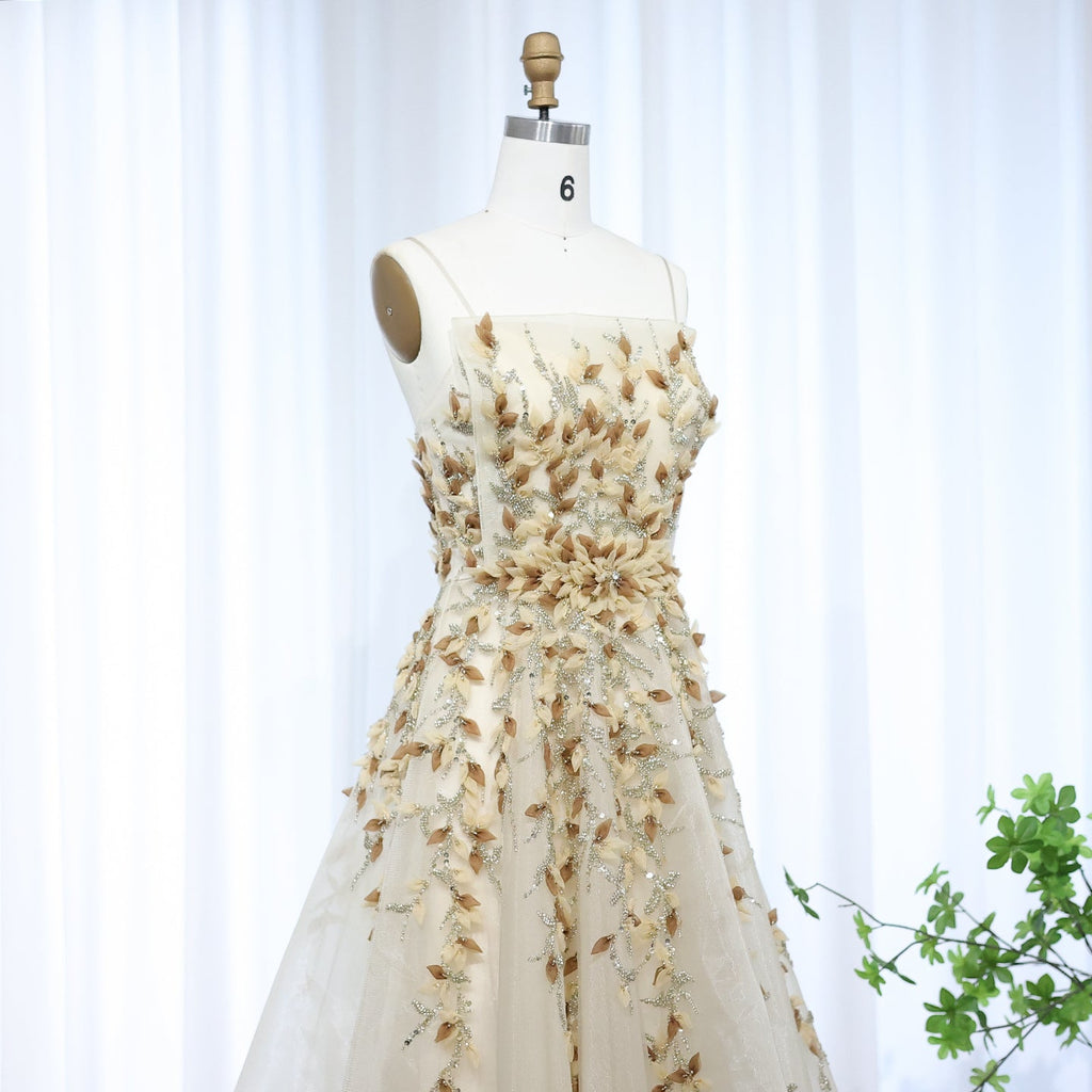 Luxury Beige Evening Dress with 3D Floral Embroidery SS362