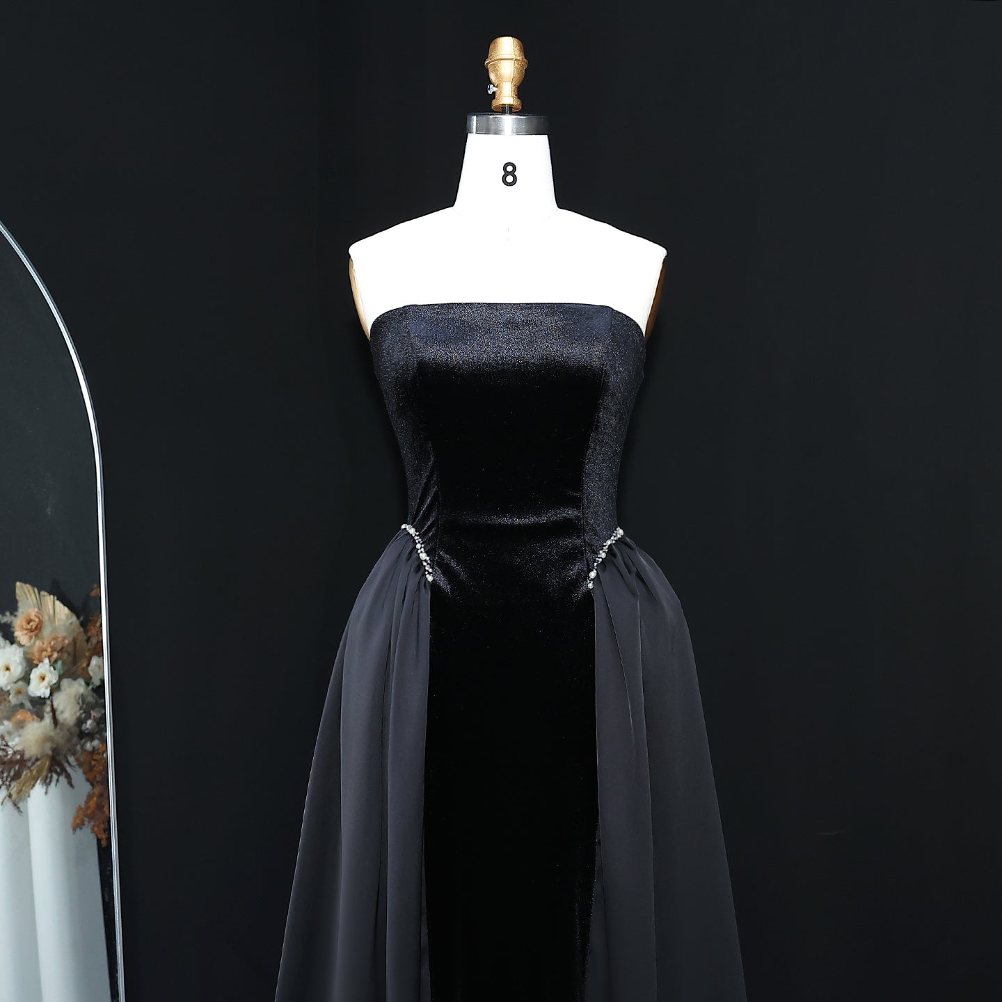 Elegant Black Strapless Evening Dress with Overskirt SF534