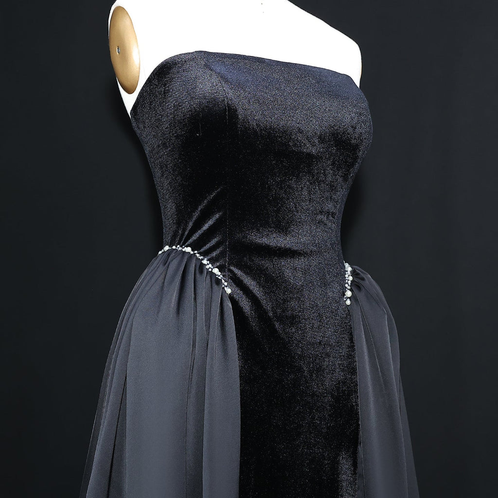 Elegant Black Strapless Evening Dress with Overskirt SF534
