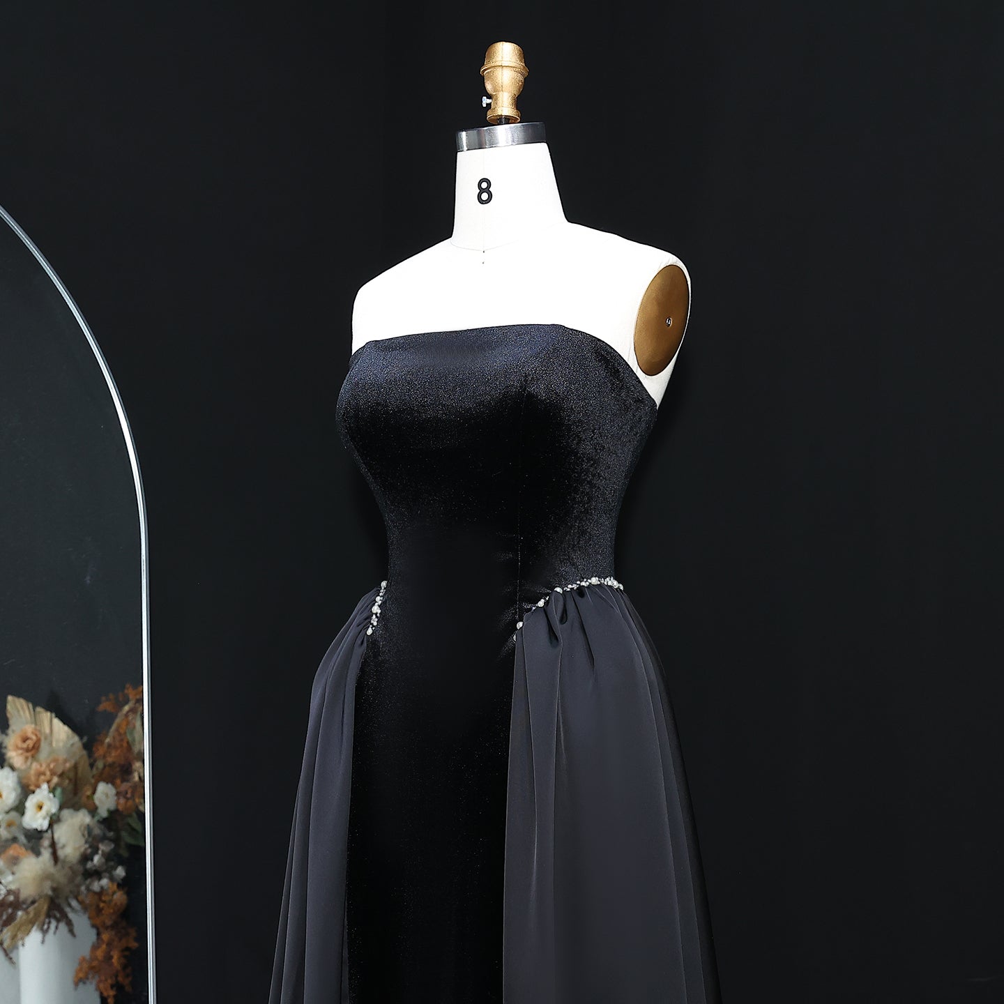 Elegant Black Strapless Evening Dress with Overskirt SF534