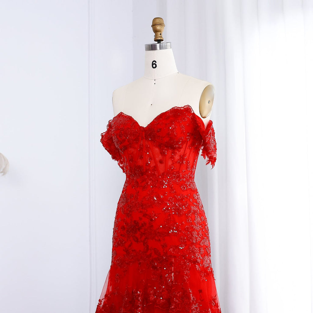 Glamorous Red Layered Ruffle Off-Shoulder Prom Dress SH151