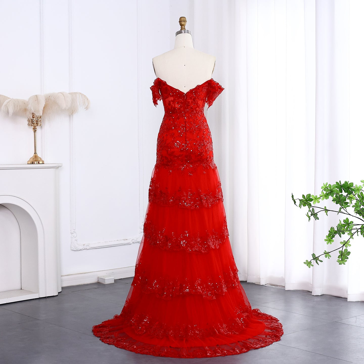 Glamorous Red Layered Ruffle Off-Shoulder Prom Dress SH151