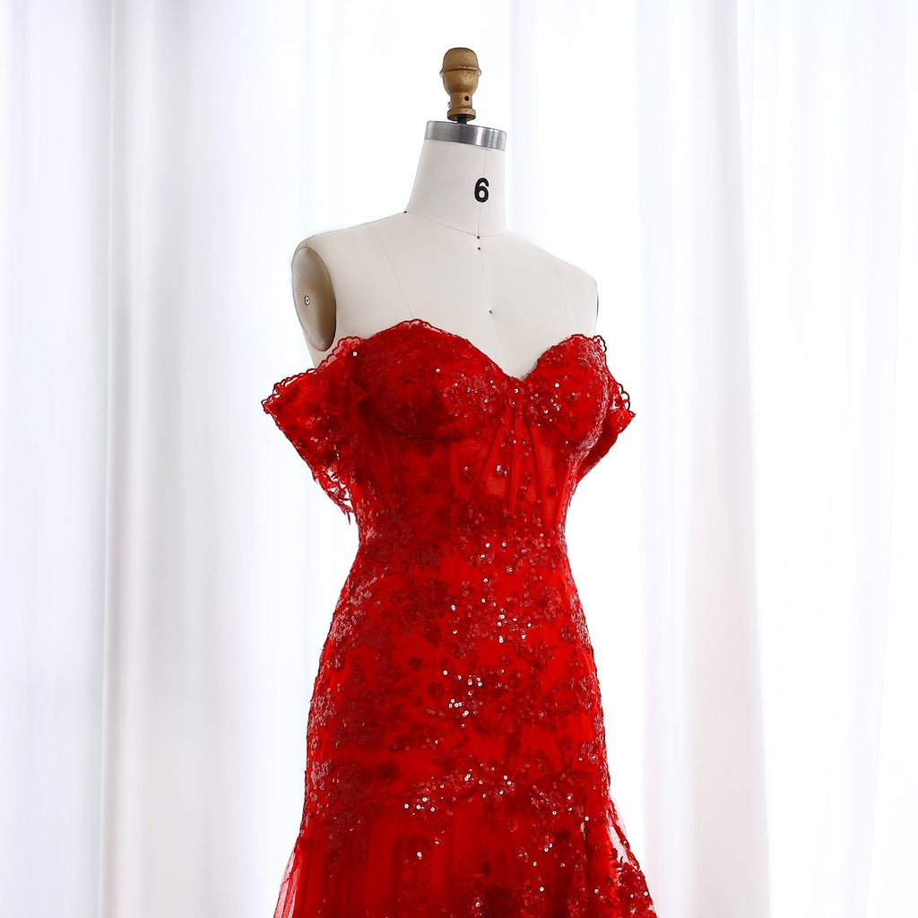 Glamorous Red Layered Ruffle Off-Shoulder Prom Dress SH151