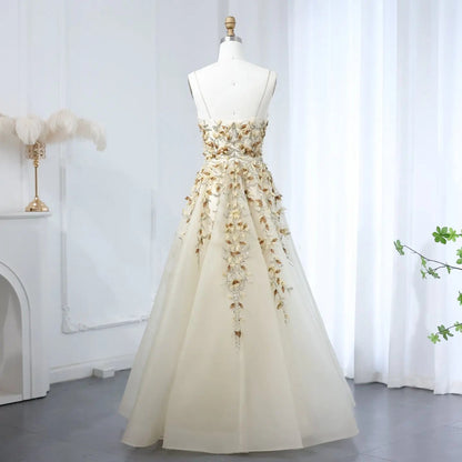 Luxury Beige Evening Dress with 3D Floral Embroidery SS362