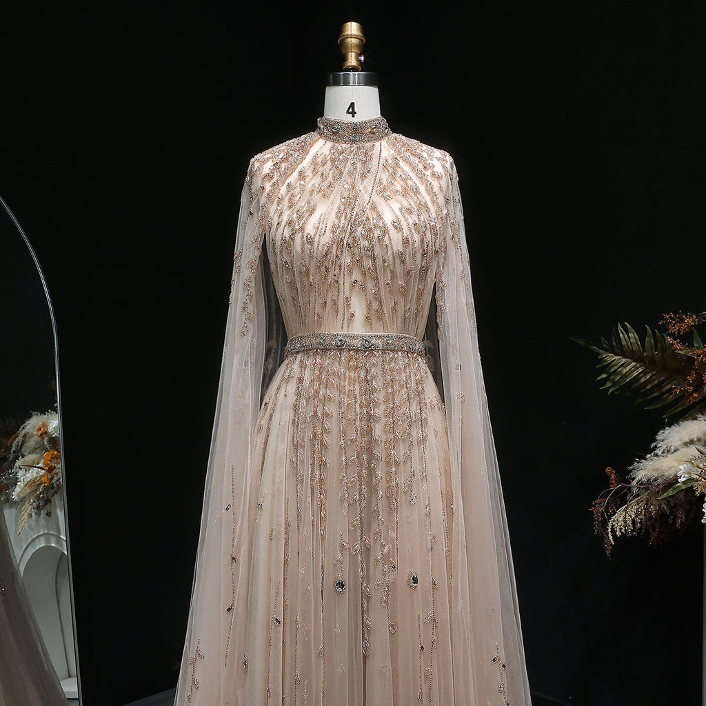Luxury Beaded Beige Evening Dress with Cape Sleeve SS495