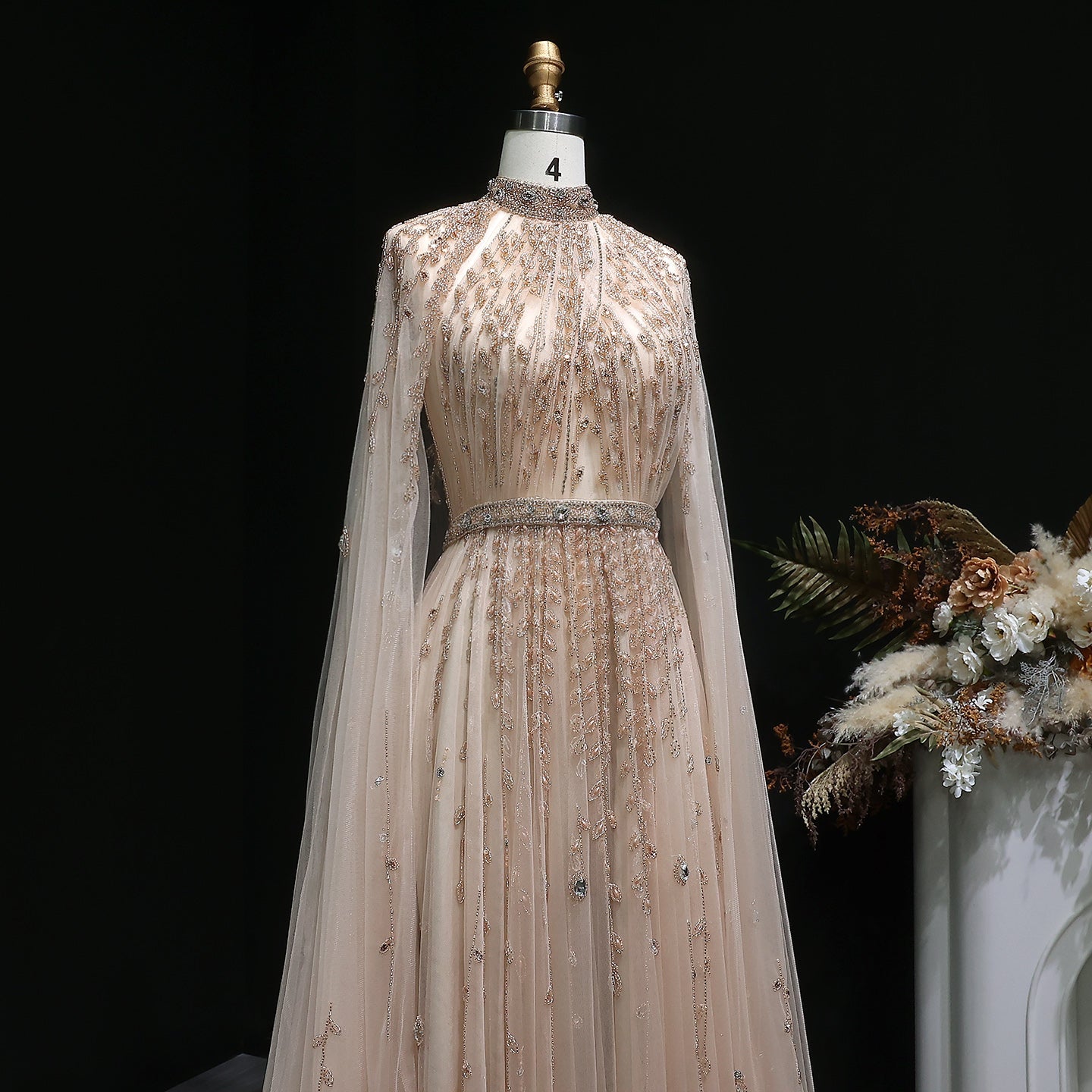 Luxury Beaded Beige Evening Dress with Cape Sleeve SS495