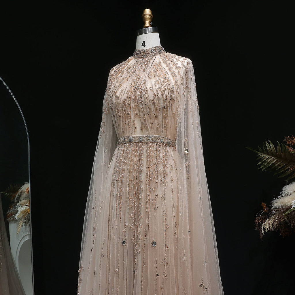 Luxury Beaded Beige Evening Dress with Cape Sleeve SS495