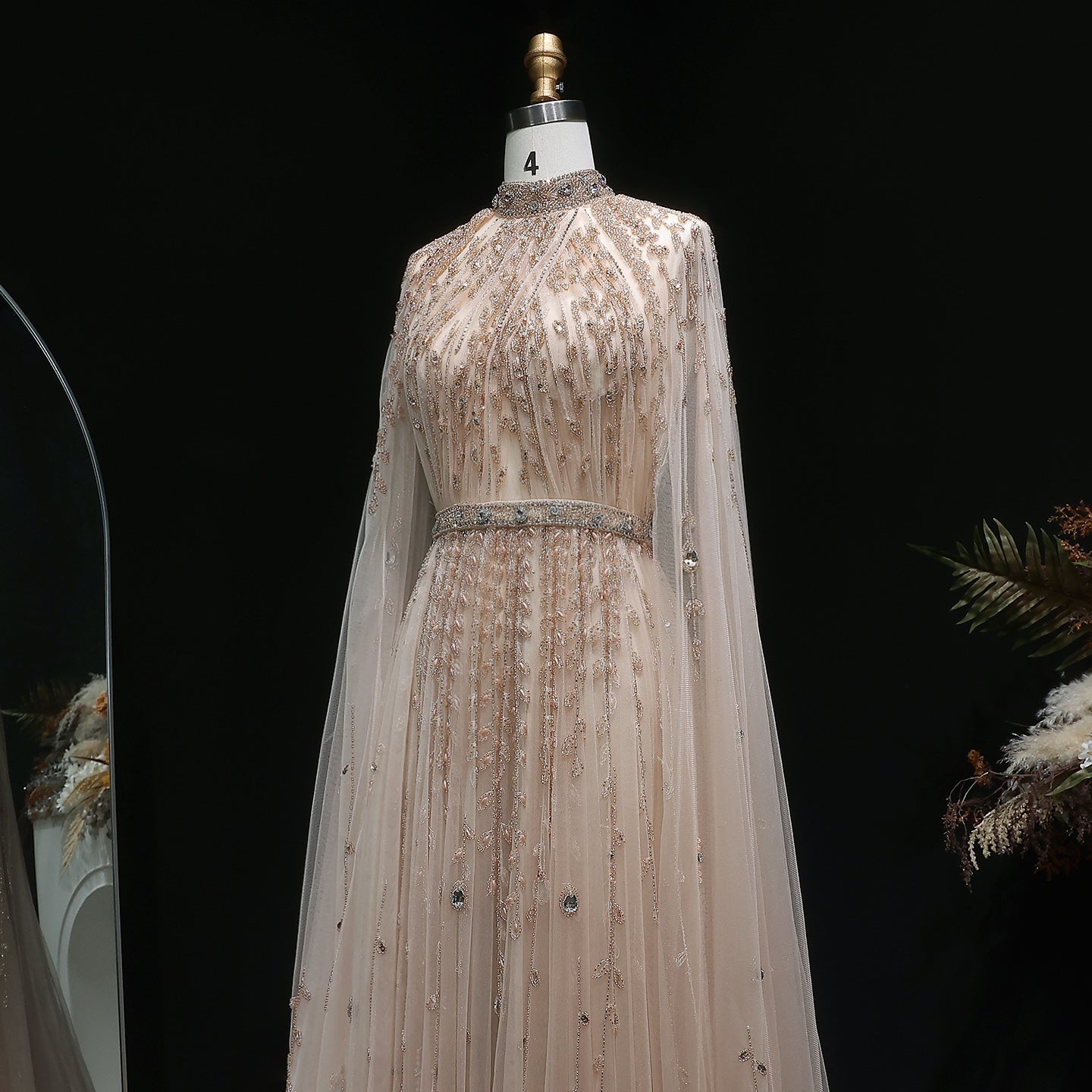 Luxury Beaded Beige Evening Dress with Cape Sleeve SS495
