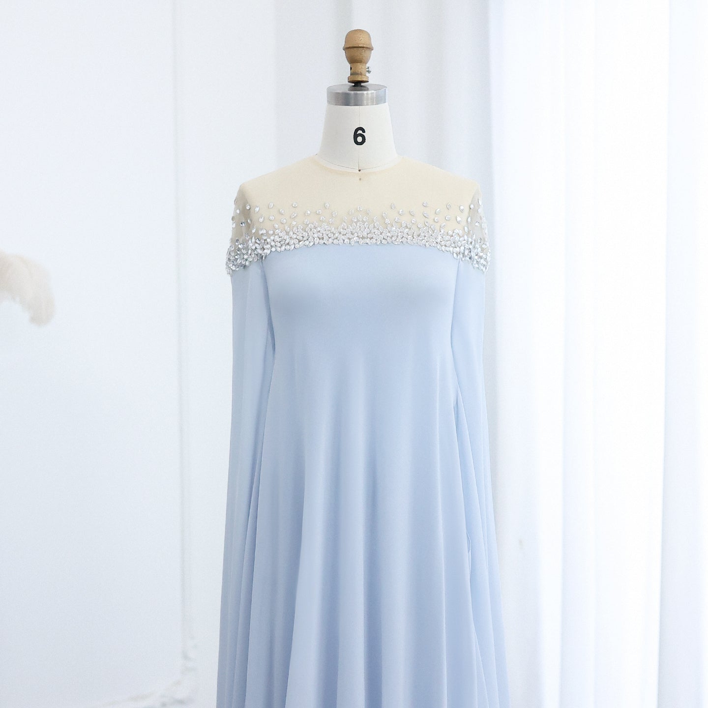 Luxury Crystal Baby Blue Evening Dress with Cape Sleeves SS308