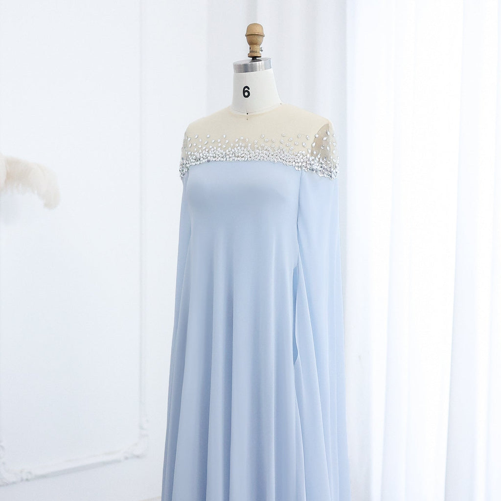 Luxury Crystal Baby Blue Evening Dress with Cape Sleeves SS308