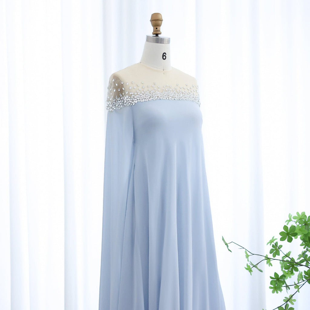 Luxury Crystal Baby Blue Evening Dress with Cape Sleeves SS308