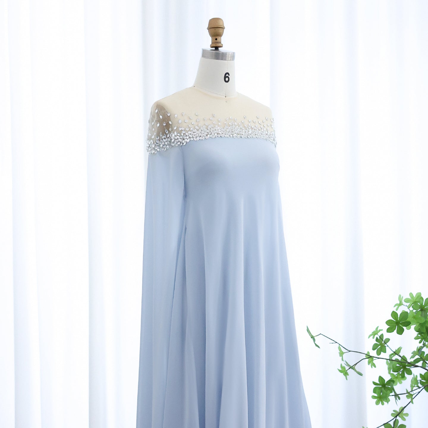 Luxury Crystal Baby Blue Evening Dress with Cape Sleeves SS308