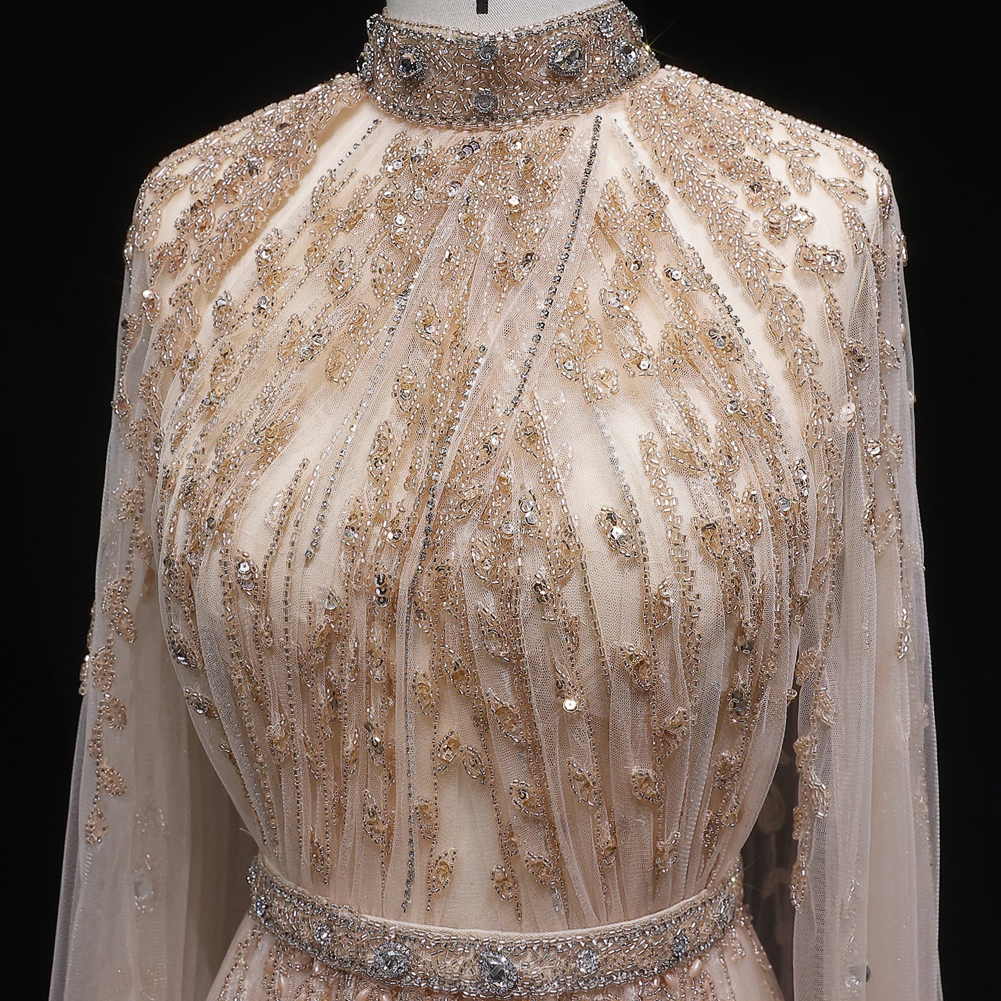 Luxury Beaded Beige Evening Dress with Cape Sleeve SS495