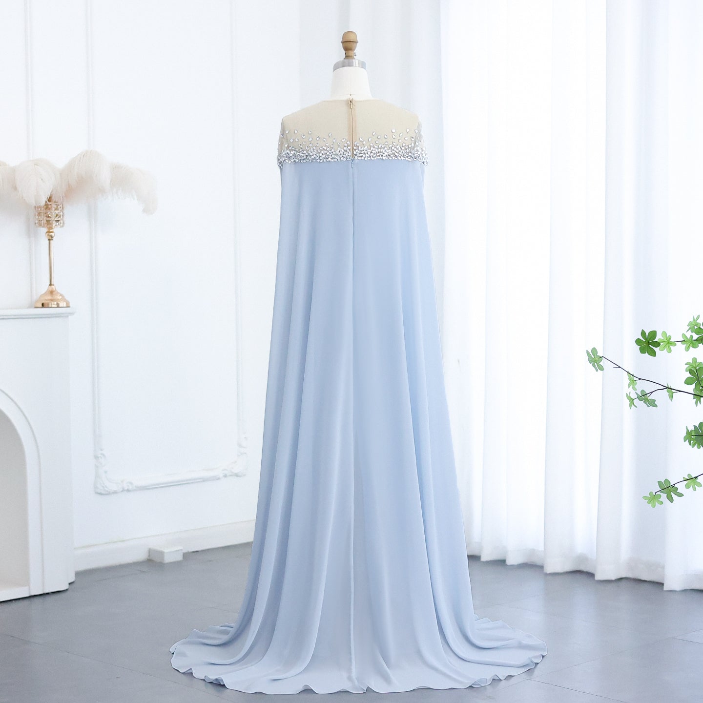Luxury Crystal Baby Blue Evening Dress with Cape Sleeves SS308
