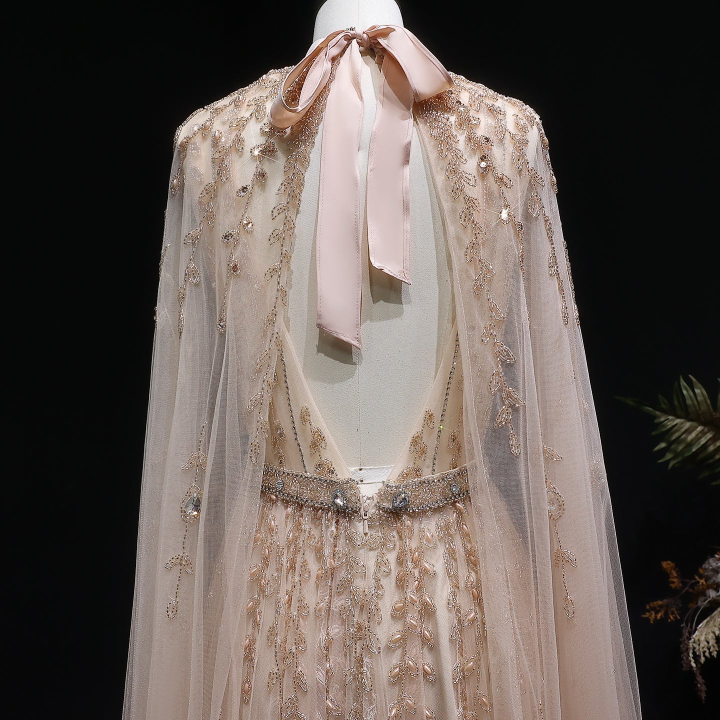 Luxury Beaded Beige Evening Dress with Cape Sleeve SS495