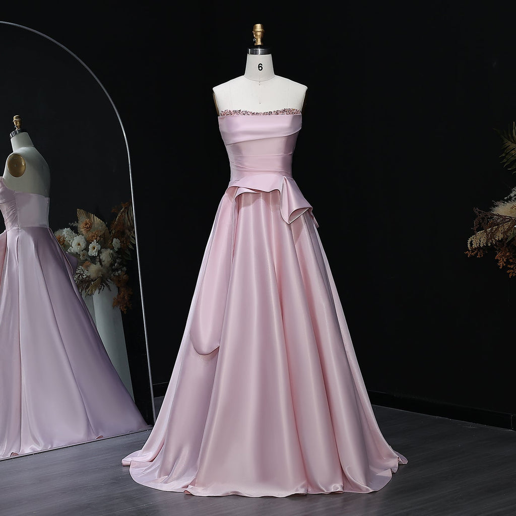 Elegant Beaded Pink Strapless A-Line Evening Dress SF193