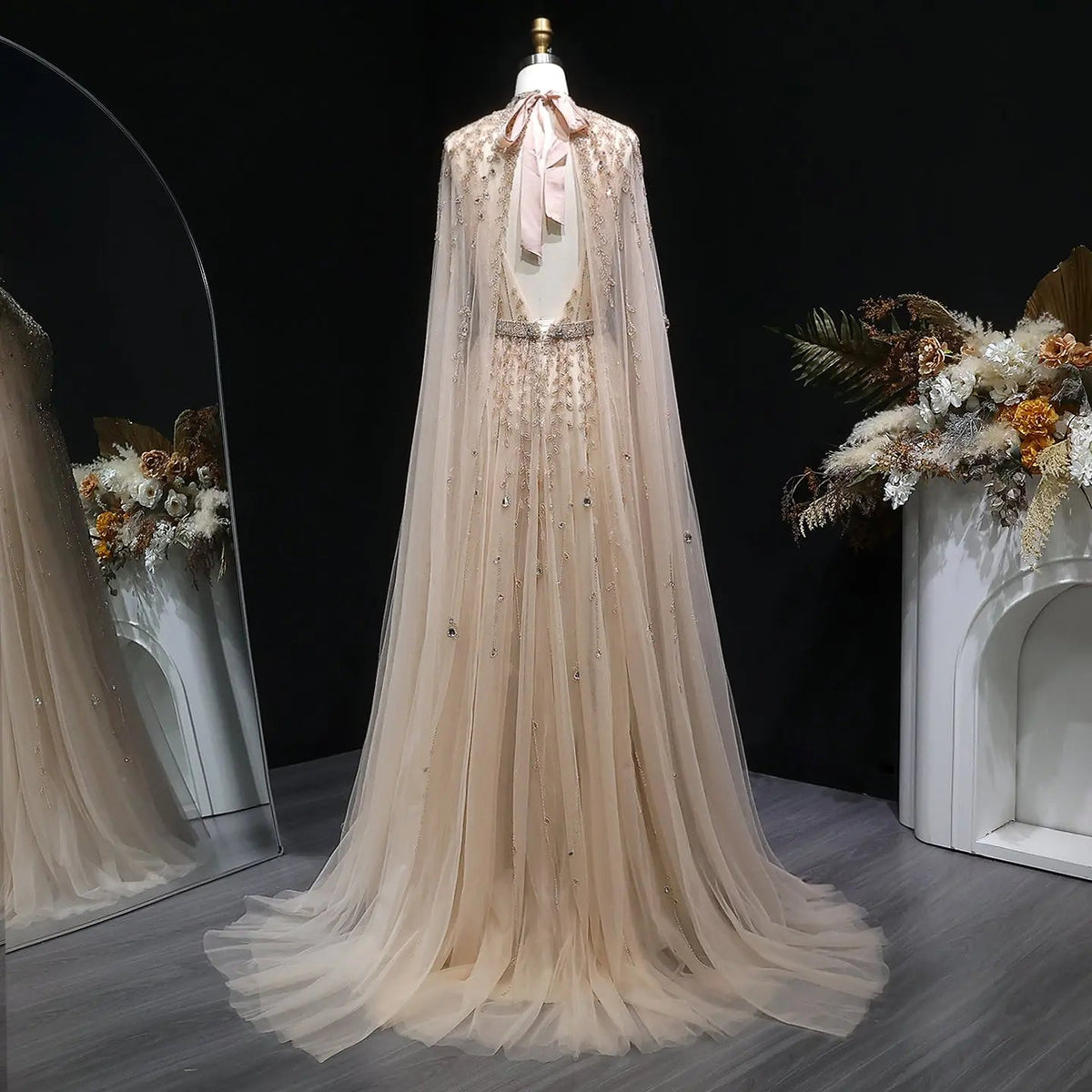 Luxury Beaded Evening Dress with Cape Sleeve SS495