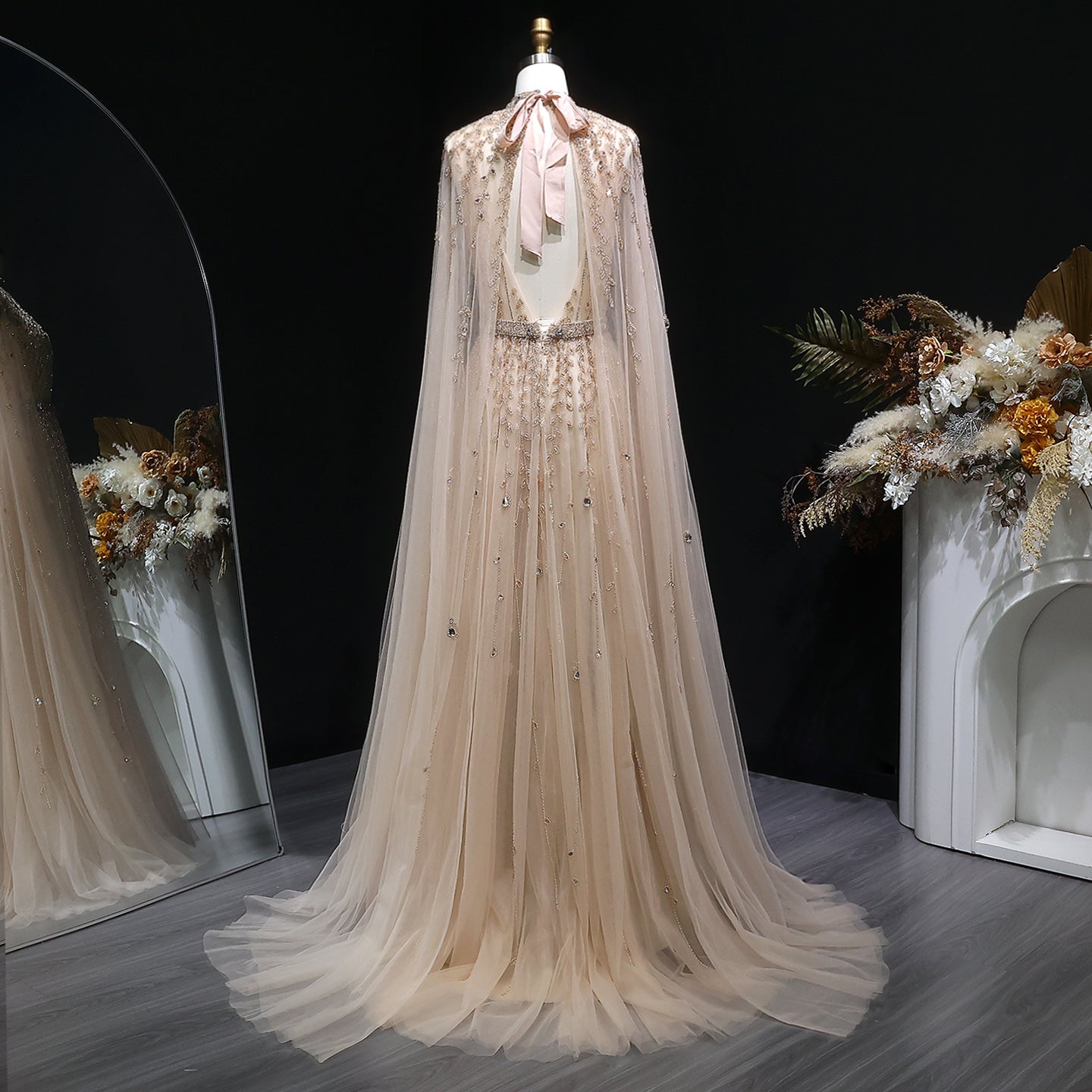 Luxury Beaded Beige Evening Dress with Cape Sleeve SS495