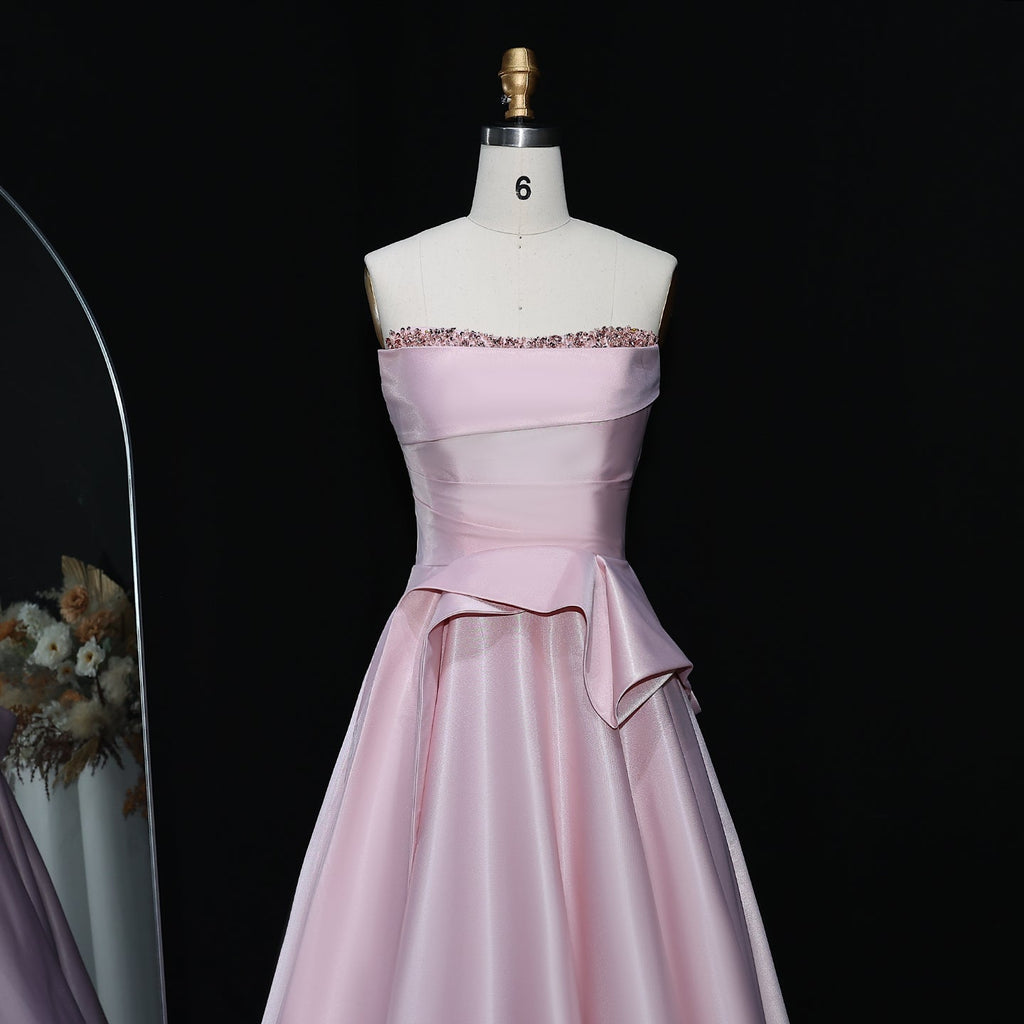 Elegant Beaded Pink Strapless A-Line Evening Dress SF193