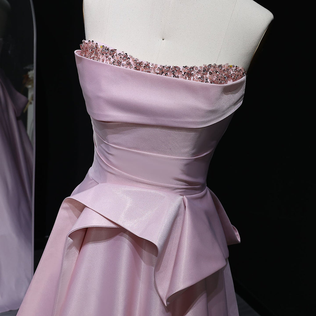 Elegant Beaded Pink Strapless A-Line Evening Dress SF193