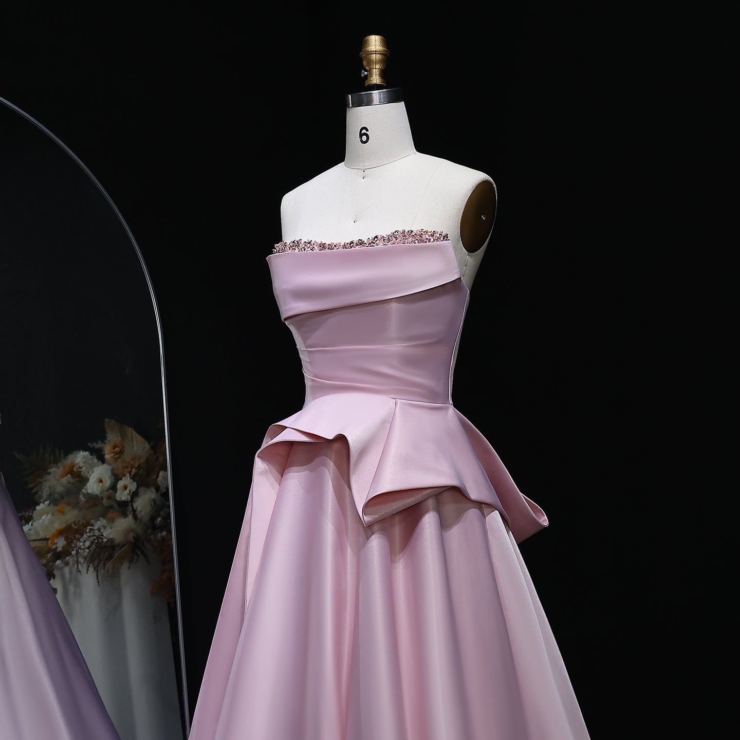 Elegant Beaded Pink Strapless A-Line Evening Dress SF193