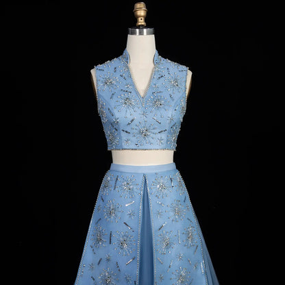 Luxury Blue Beaded 2 pieces Evening Dress with ruffles SS597