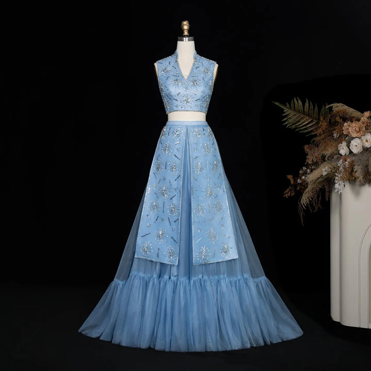 Luxury Blue Beaded 2 pieces Evening Dress with ruffles SS597