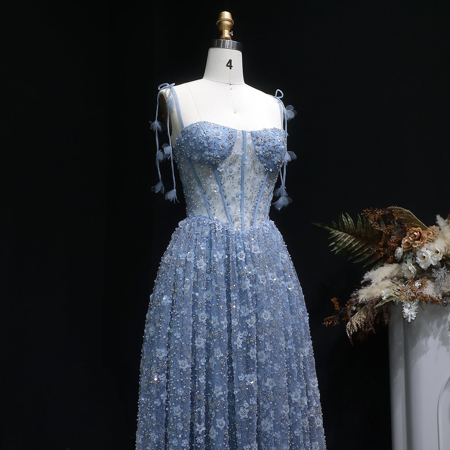 Elegant Pink 3D Floral Spaghetti Strap Evening Dress SS701