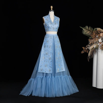 Luxury Blue Beaded 2 pieces Evening Dress with ruffles SS597