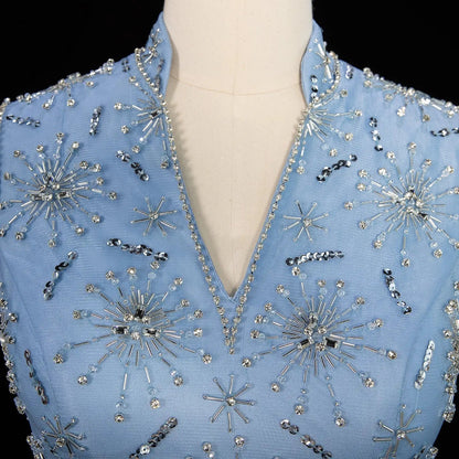 Luxury Blue Beaded 2 pieces Evening Dress with ruffles SS597