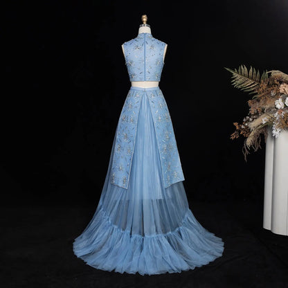 Luxury Blue Beaded 2 pieces Evening Dress with ruffles SS597
