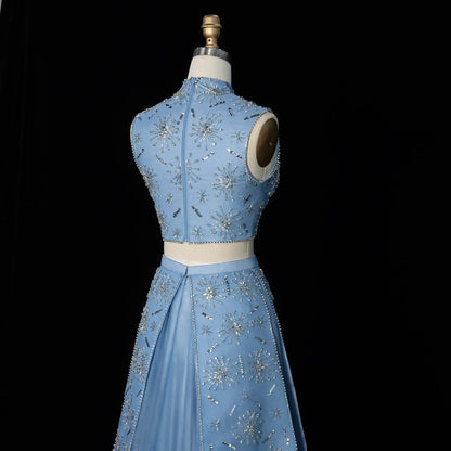 Luxury Blue Beaded 2 pieces Evening Dress with ruffles SS597